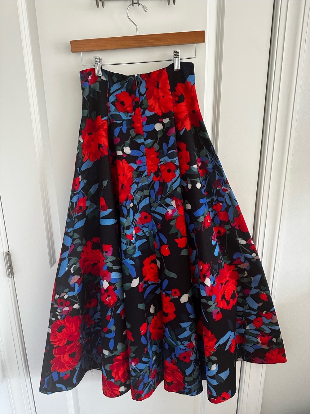 LELA ROSE Black A-Line Maxi Skirt with Red and Blue Floral Print